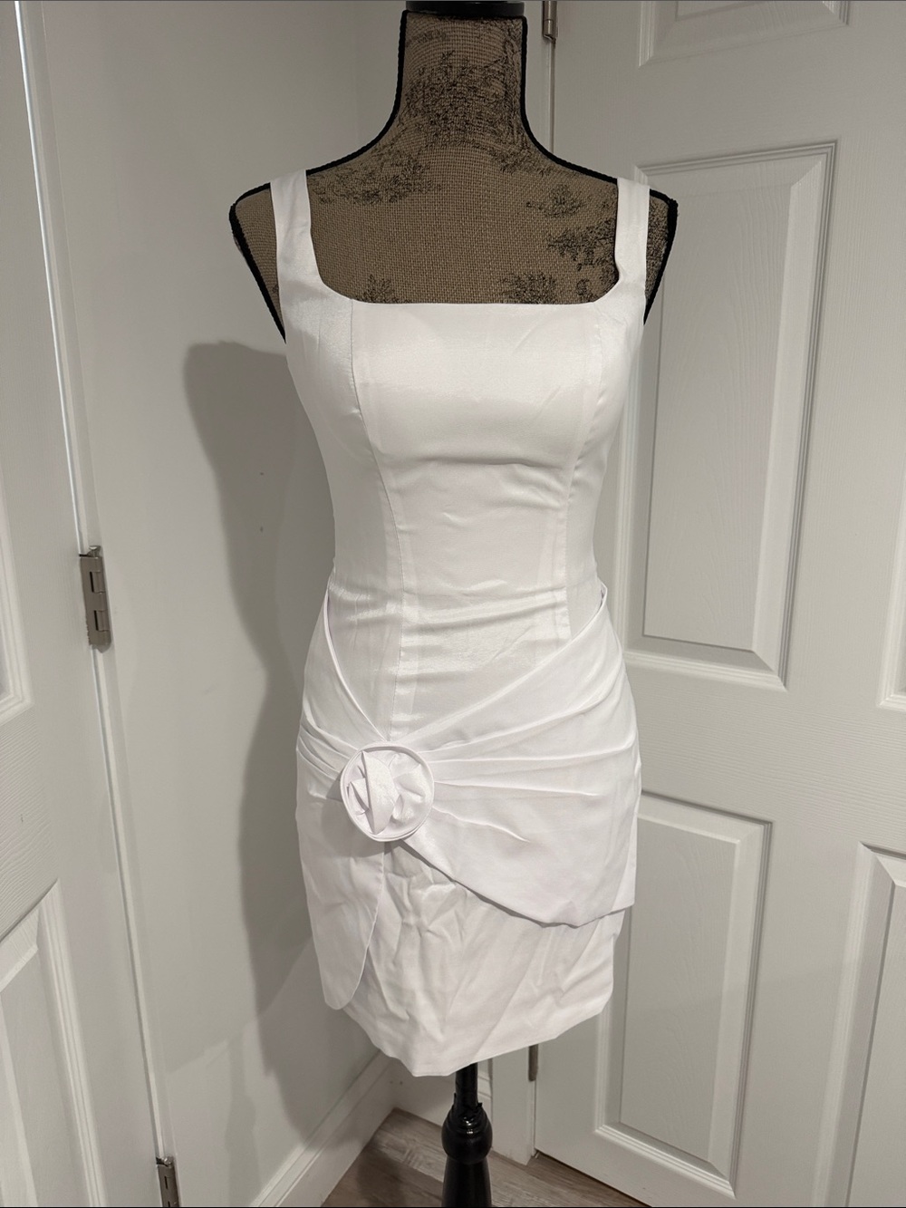 White Square-Neck Mini Dress with Draped Knot Detail